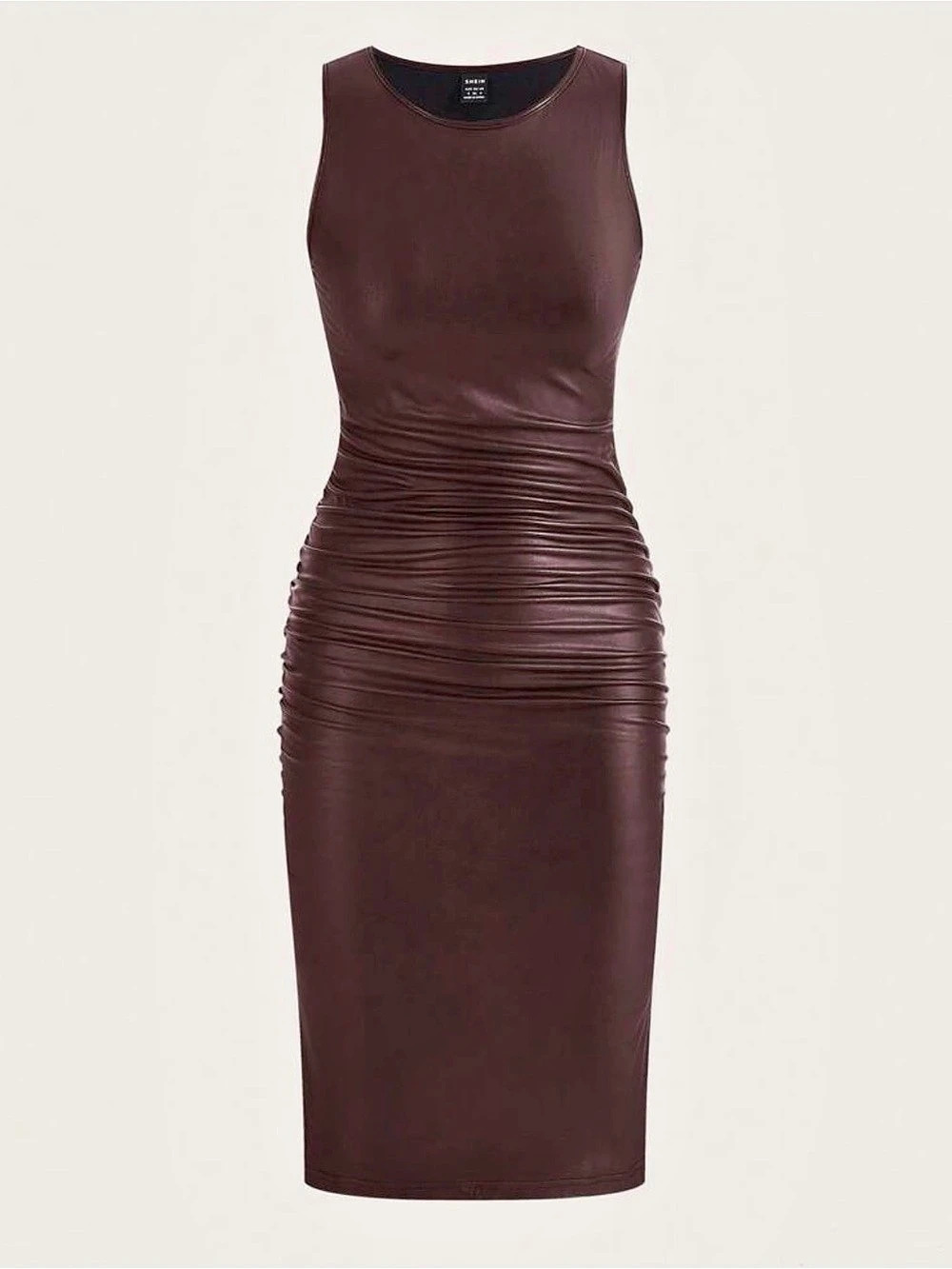 Ruched Split Thigh PU Leather Midi Dress brown/Burgundy Like New